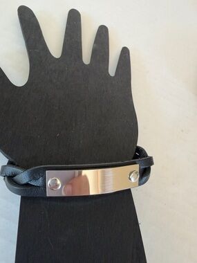 Unisex Black Leather Braided Bracelet with Silver Plate